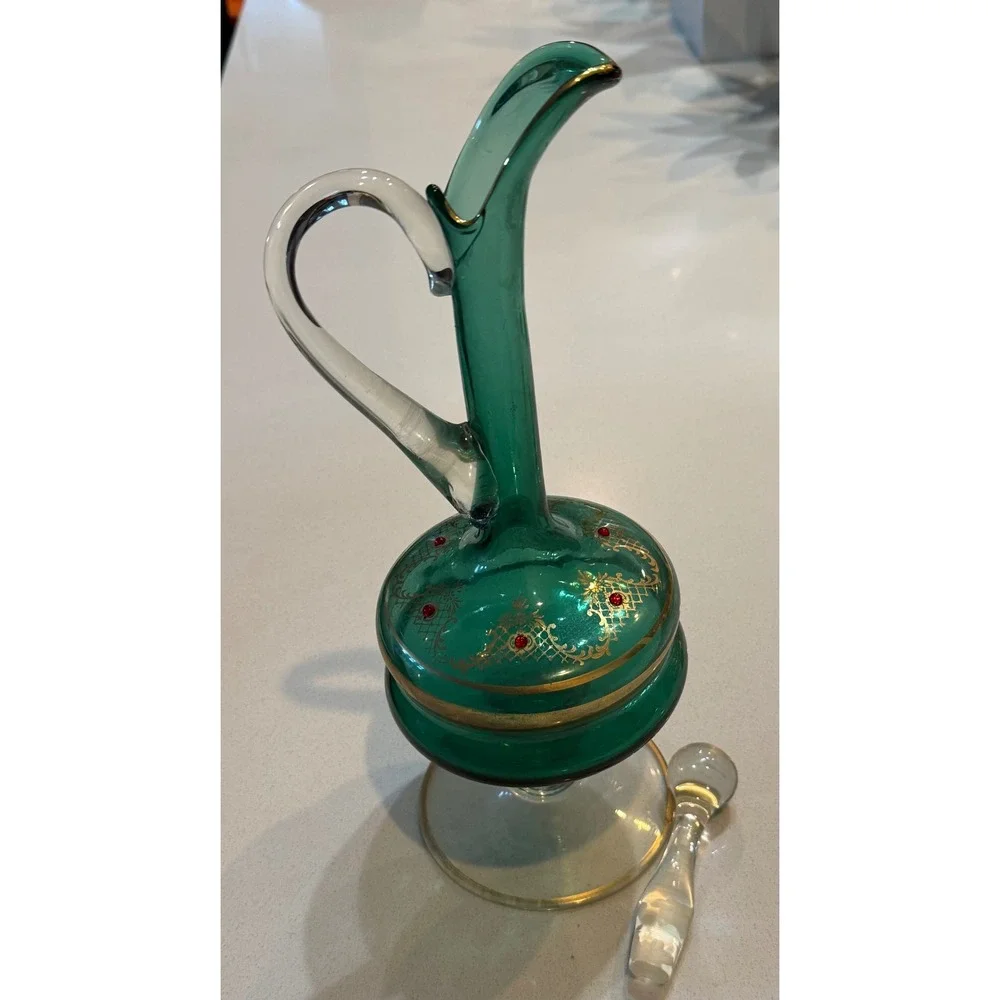 Vintage Venetian Emerald Green Glass Decanter Gold Gilt Jeweled‎ Cruet Stopper